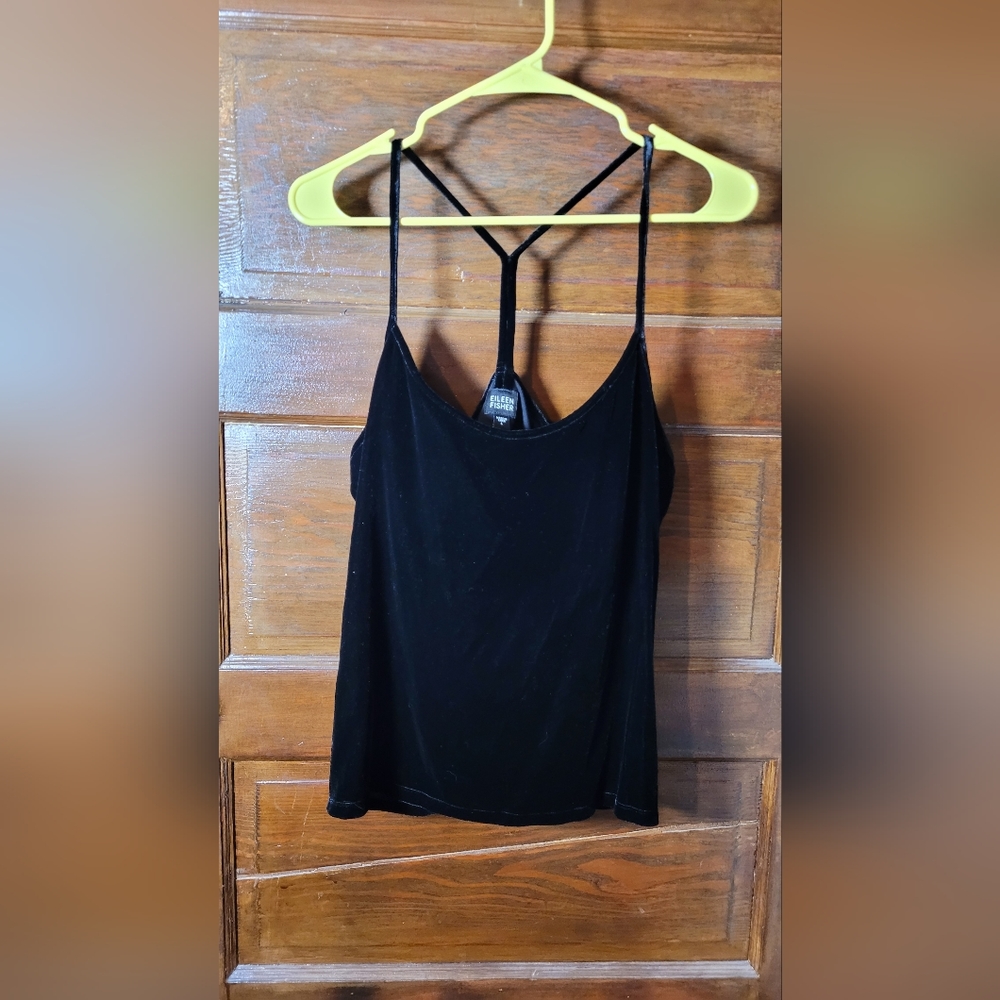Eileen Fisher Black Velvet Racer back Tank Top Built in Bra size L